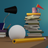 Desk Golf, a scene made in Blender 3D featuring a golf ball and his lamp friend measuring up to a hole at the top of a stack of books.