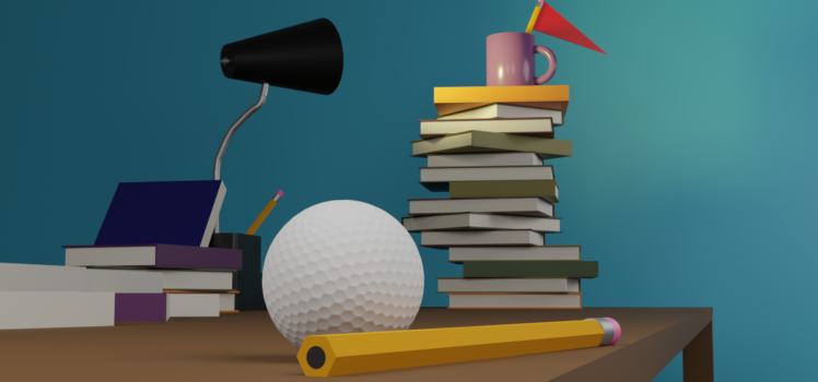 Desk Golf, a scene made in Blender 3D featuring a golf ball and his lamp friend measuring up to a hole at the top of a stack of books.