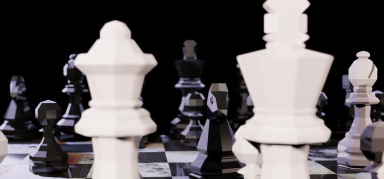 Blender 3D Eevee Render of a chess set as the black Knight stares down the white King