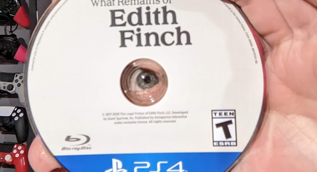 An eye peering through the center of a disk version of What Remains of Edith Finch